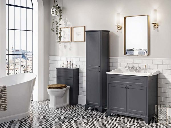 Black bathroom cabinets.