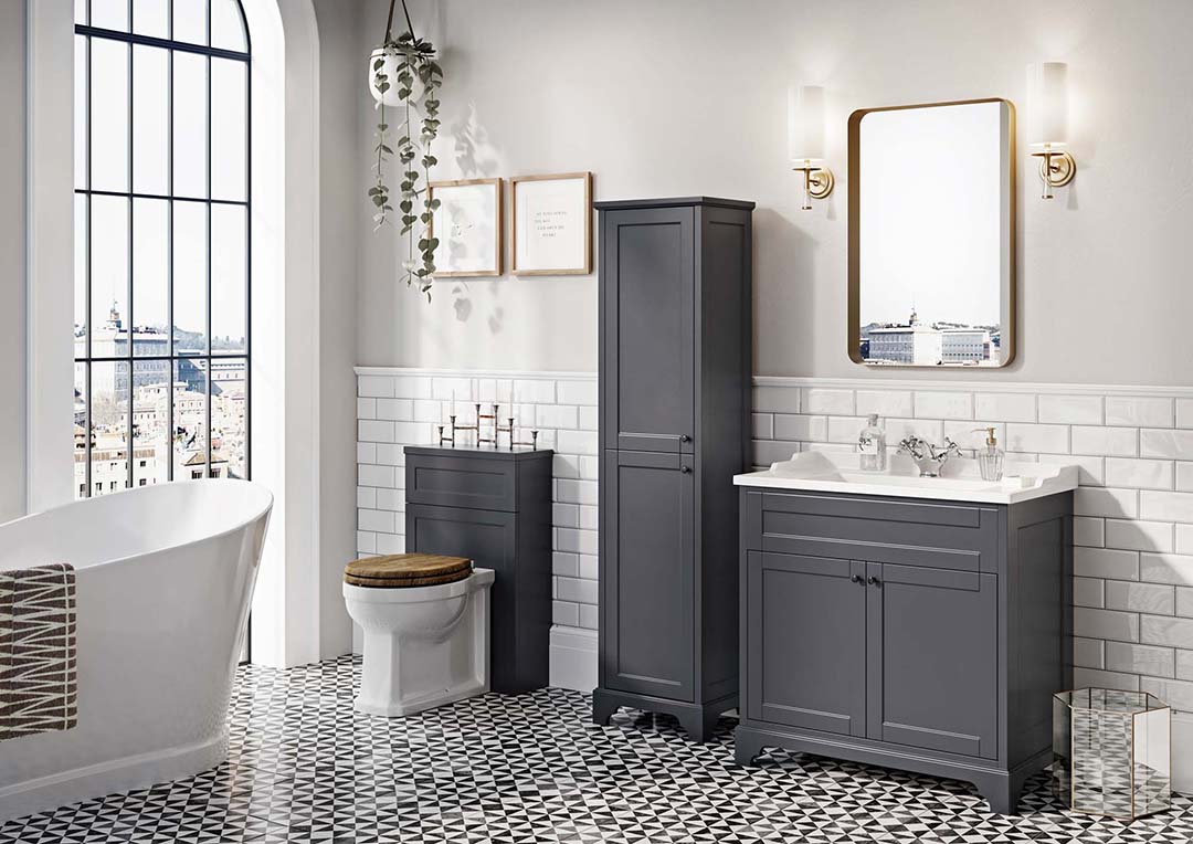 Black bathroom cabinets.