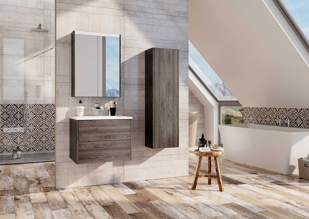 Wooden flooring. Floating wooden cabinets and mirror cabinet.