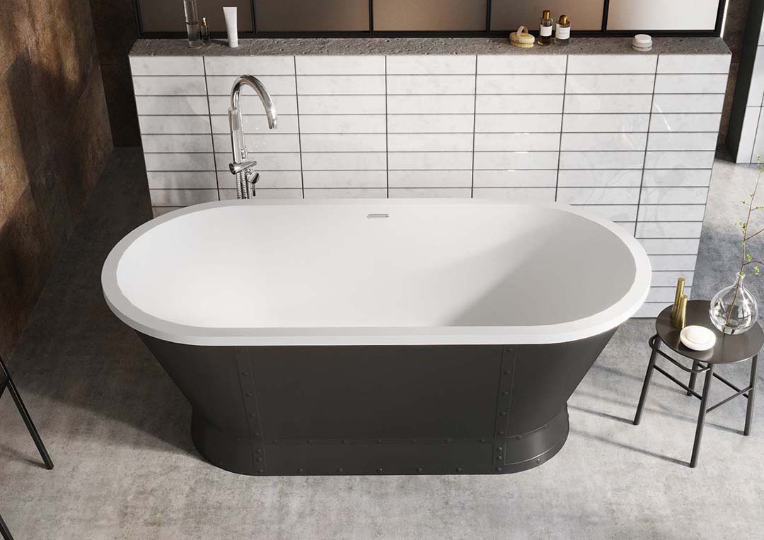 Bath. White interior and black exterior. Silver curved tap.