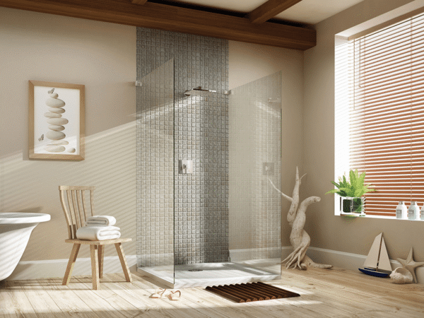 Spa like bathroom with clay tiles and central glass shower with mosaic tile backing