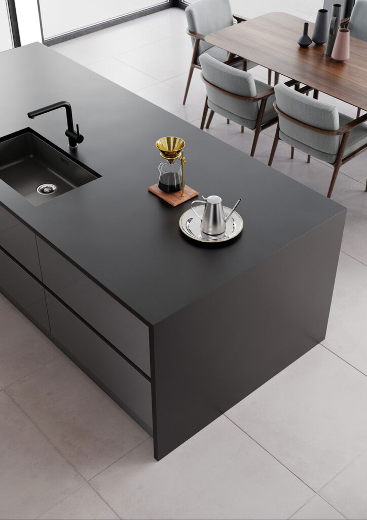 Zola Gloss Dust Grey and Tavola Carbon handless modern kitchen,
