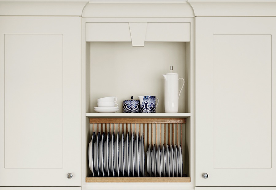 white kitchen with open shelves for plates